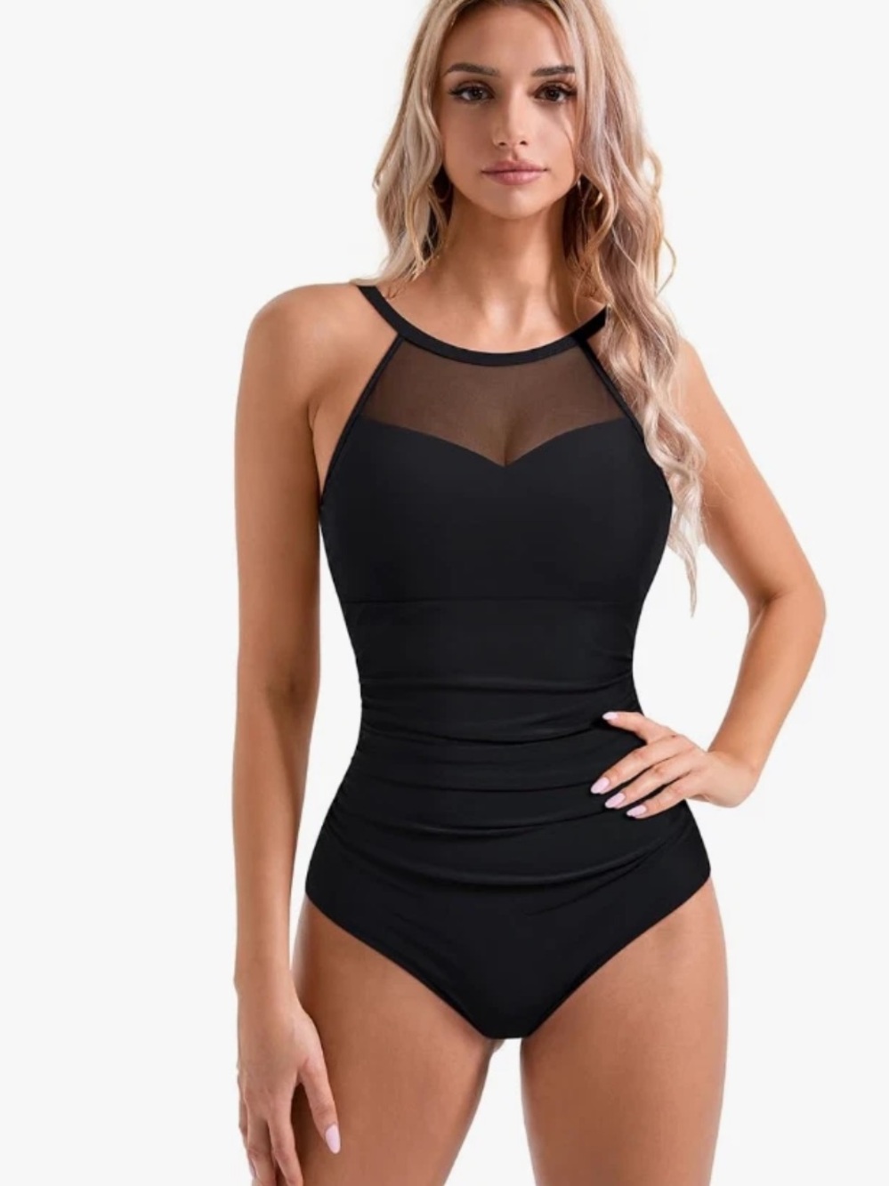 High-Neck Black Mesh One-Piece Swimsuit